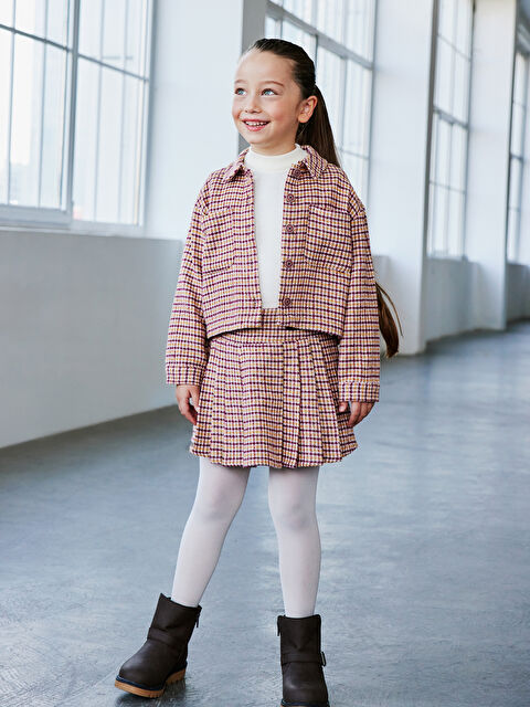 LCW Kids Uzun Kollu Crop Ekose Desenli Kız Çocuk Ceket - W4JG75Z1-LNQ