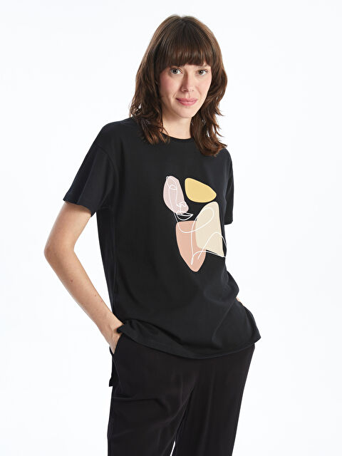 LCWAIKIKI Basic Bisiklet Yaka Baskılı Kadın Tişört - W4JL92Z8-CVL