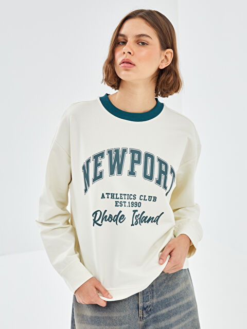 BLAİS Bisiklet Yaka Baskılı Oversize Kadın Sweatshirt - W4JR90Z8-R9J