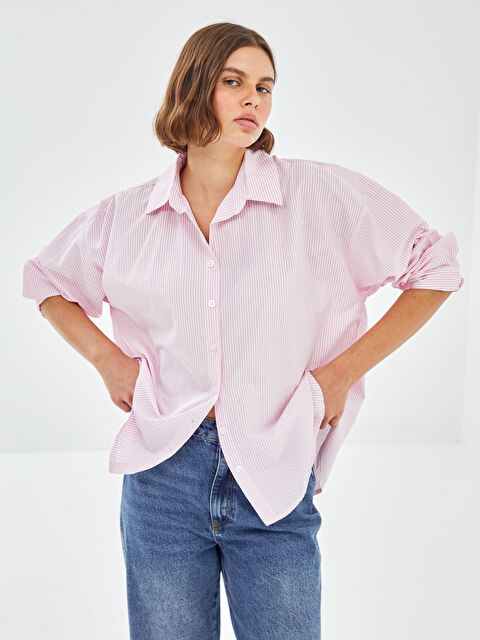LCW Modest Çizgili Oversize Kadın Gömlek - W4JS16Z8-LHK
