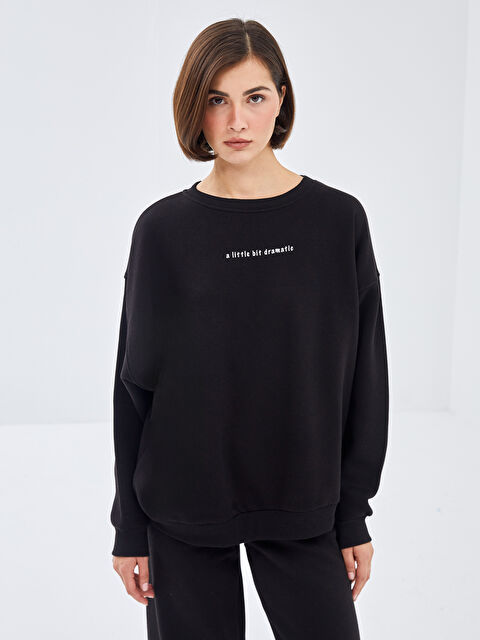 BLAİS Bisiklet Yaka Baskılı Oversize Kadın Kalın Sweatshirt - W4JY65Z8-CVL