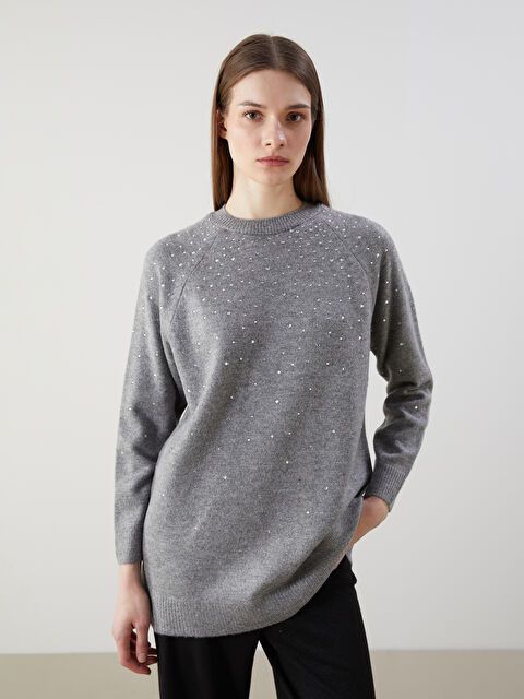 LCW Modest Bisiklet Yaka Taşlı Kadın Triko Tunik - W4K134Z8-YUX