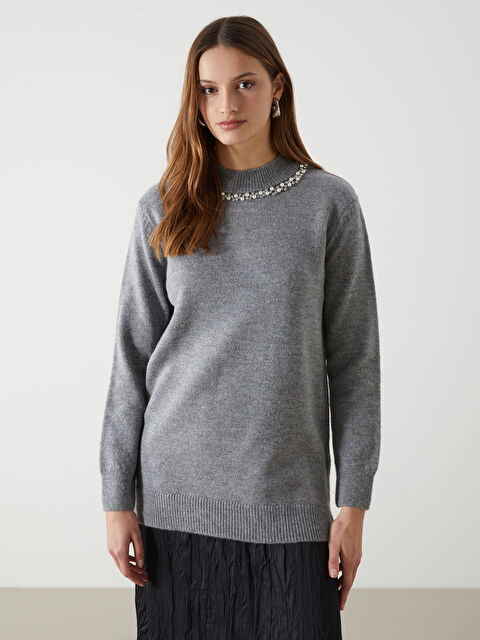 LCW Modest Bisiklet Yaka Taşlı Kadın Triko Tunik - W4K207Z8-YKZ