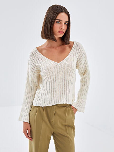 BLAİS V Yaka Dokulu Kadın Triko Kazak - W4K364Z8-V9H