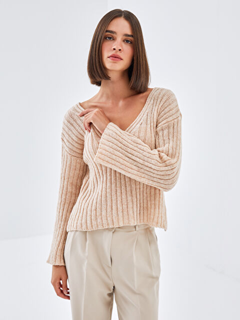 BLAİS V Yaka Dokulu Kadın Triko Kazak - W4K364Z8-FFR