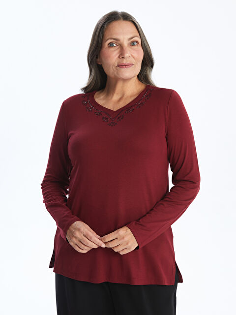 LCW Grace Bisiklet Yaka Parlak Taşlı Kadın Bluz - W4K375Z8-HMS