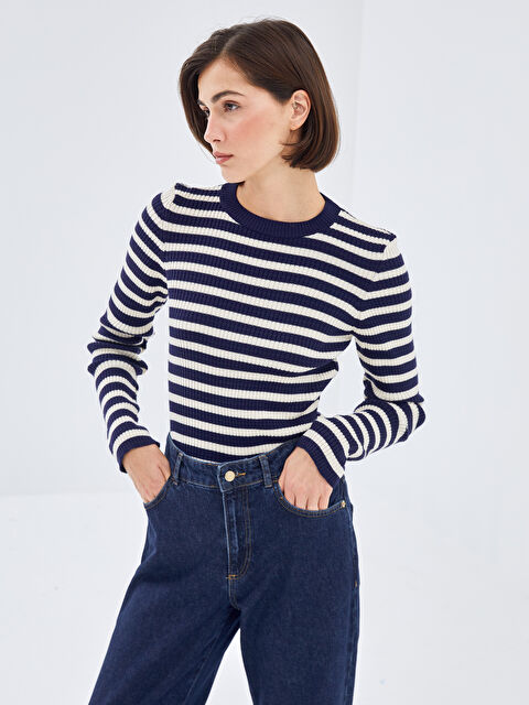 BLAİS Bisiklet Yaka Çizgili Kadın Triko Kazak - W4K525Z8-LGS