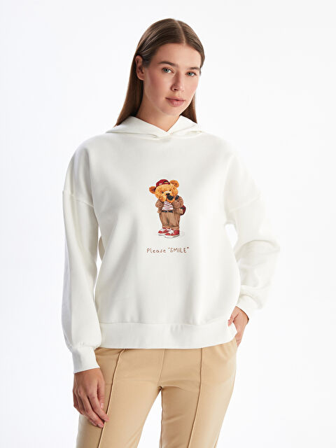 LCW Modest Kapüşonlu Ayı Teddy Baskılı Oversize Kadın Kalın Sweatshirt Tunik - W4K877Z8-Q6K