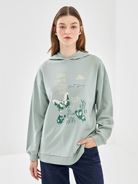 LCW Modest Kapüşonlu Baskılı Oversize Kadın Sweatshirt Tunik - W4KB37Z8-GBN