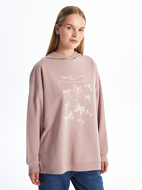 LCW Modest Kapüşonlu Baskılı Oversize Kadın Sweatshirt Tunik - W4KB37Z8-GDY