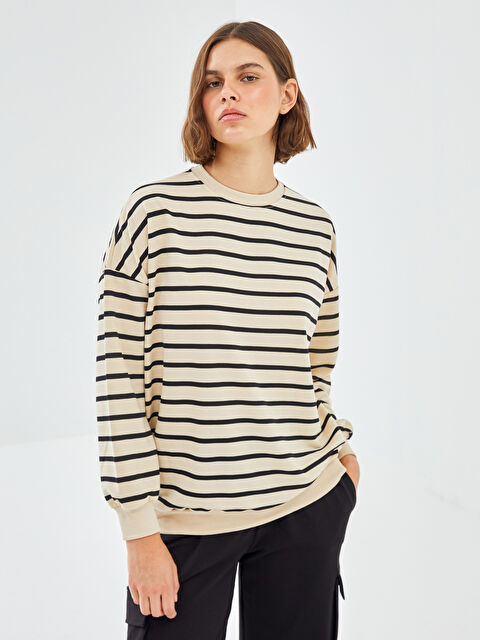 BLAİS Bisiklet Yaka Çizgili Oversize Kadın Sweatshirt - W4KC56Z8-ELZ