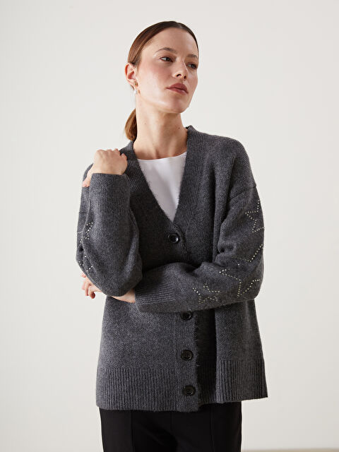 LCW Modest V Yaka Taşlı Oversize Kadın Triko Hırka - W4KJ53Z8-CZM