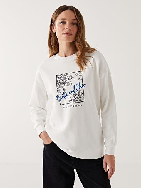 LCW Modest Bisiklet Yaka Baskılı Oversize Kadın Kalın Sweatshirt Tunik - W4KL63Z8-R9J