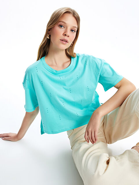 Natuvera Bisiklet Yaka Taşlı Kadın Crop - W4KN52Z8-YTH