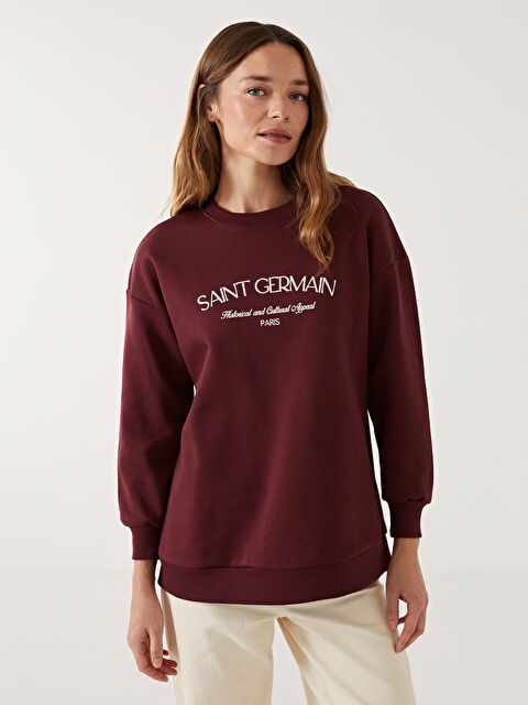 LCW Modest Bisiklet Yaka Nakışlı Kadın Kalın Sweatshirt Tunik - W4KR65Z8-HMB