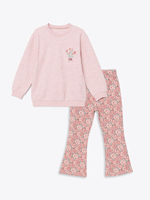 LCW Kids Bisiklet Yaka Çiçekli Kız Çocuk Sweatshirt ve Tayt 2'li - W4KS40Z1-DMF