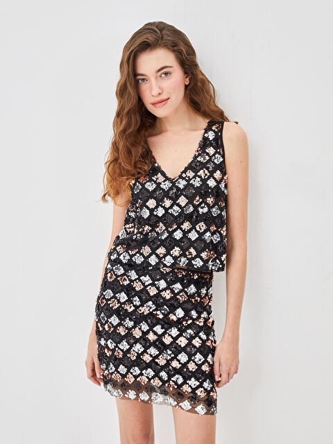 Natuvera V Yaka Pul İşlemeli Kadın Crop Bluz - W4KV60Z8-UX8