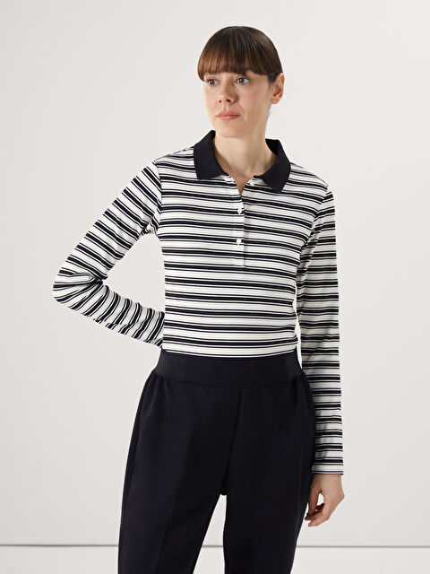 LCWAIKIKI Basic Polo Yaka Çizgili Kadın Tişört - W4L081Z8-LEG