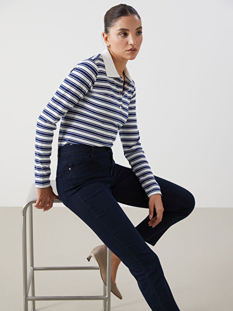 LCWAIKIKI Basic Polo Yaka Çizgili Kadın Tişört - W4L081Z8-LGS