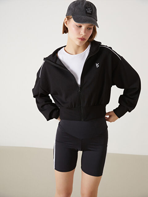 KOOR SPORT Dik Yaka Baskılı Crop Kadın Fermuarlı Sweatshirt - W4L134Z8-CVL