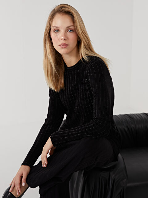 LCWAIKIKI Classic Bisiklet Yaka Çizgili Kadın Triko Kazak - W4L240Z8-CVL