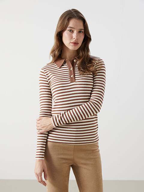 LCW Modest Polo Yaka Çizgili Kadın Body - W4L260Z8-LKM