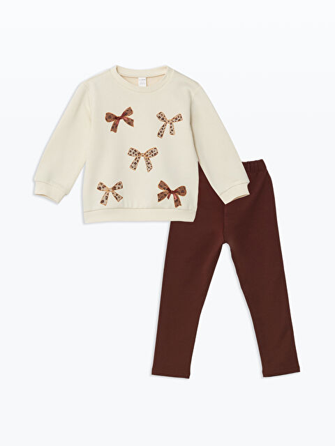 LCW Kids Bisiklet Yaka Uzun Kollu Baskılı Kız Çocuk Sweatshirt ve Tayt 2'li - W4L458Z1-FF7