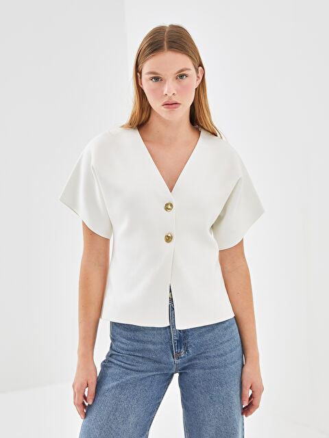 LCW Vision V Yaka Kadın Triko Bluz - W4L567Z8-FDU