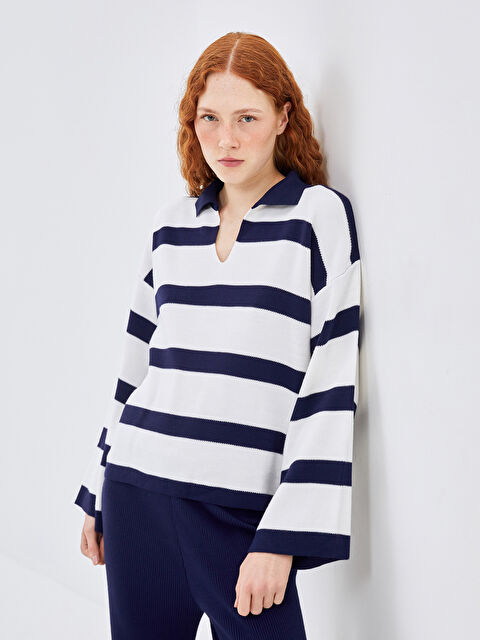 LC WAIKIKI Polo Yaka Çizgili Oversize Kadın Triko Kazak - W4L689Z8-LGS