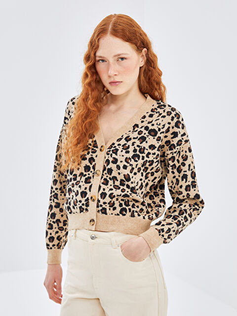 LC WAIKIKI V Yaka Leopar Desenli Kadın Triko Hırka - W4L700Z8-LQB