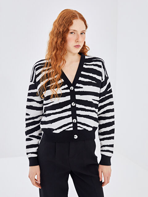 LC WAIKIKI V Yaka Zebra Desenli Kadın Triko Hırka - W4L700Z8-LQJ