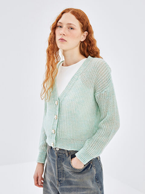 LC WAIKIKI V Yaka Oversize Kadın Triko Hırka - W4L701Z8-TPT