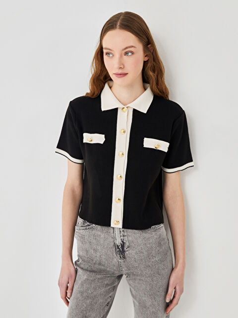 LCW Vision Gömlek Yaka Renk Bloklu Kadın Triko Hırka - W4L949Z8-CVL