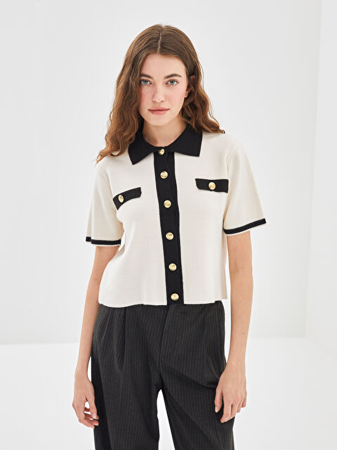 LCW Vision Gömlek Yaka Renk Bloklu Kadın Triko Hırka - W4L949Z8-FDU