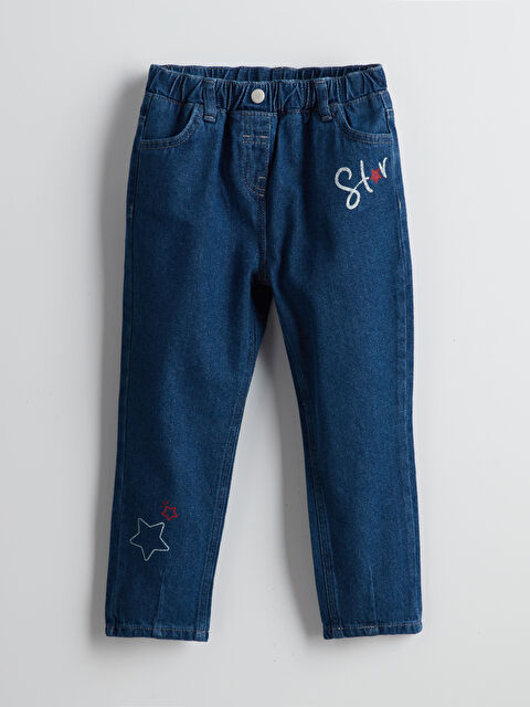 LCW Kids Beli Lastikli Baskılı Kız Çocuk Jean Pantolon - W4LA23Z1-507