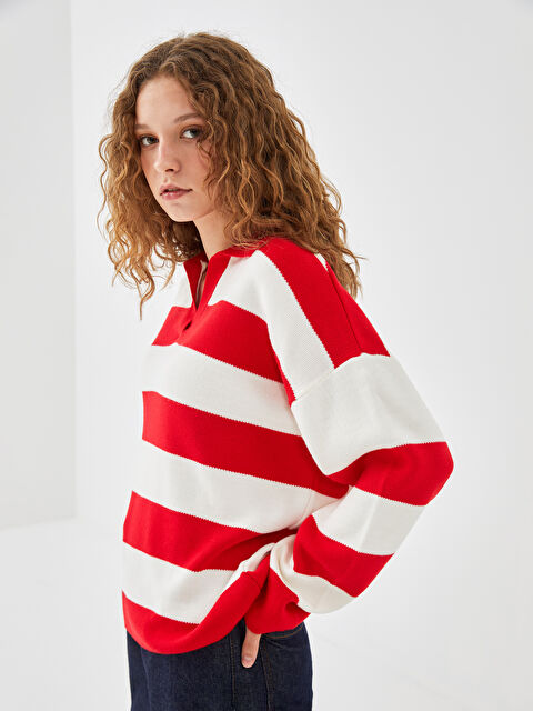 LC WAIKIKI Polo Yaka Çizgili Kadın Triko Kazak - W4LA46Z8-LJX