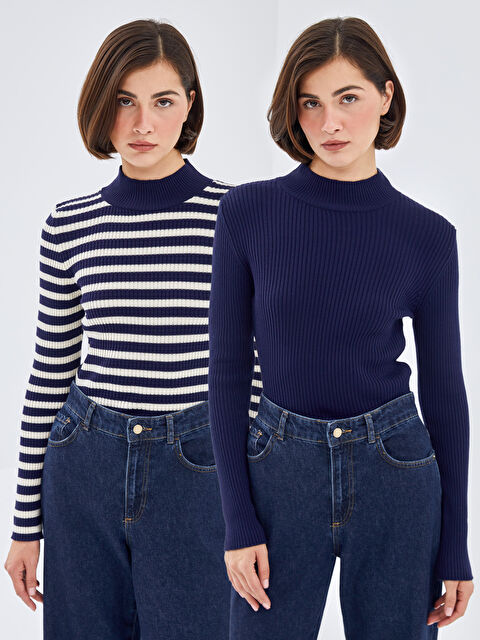 LC WAIKIKI Yarım Balıkçı Yaka Çizgili Kadın Triko Kazak 2'li - W4LA47Z8-LGS