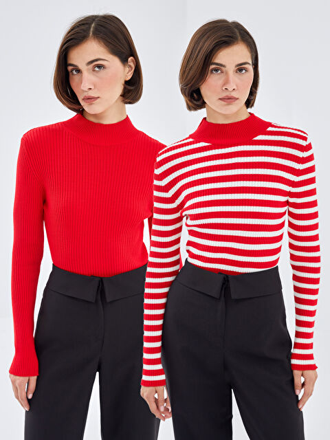 LC WAIKIKI Yarım Balıkçı Yaka Çizgili Kadın Triko Kazak 2'li - W4LA47Z8-LJX