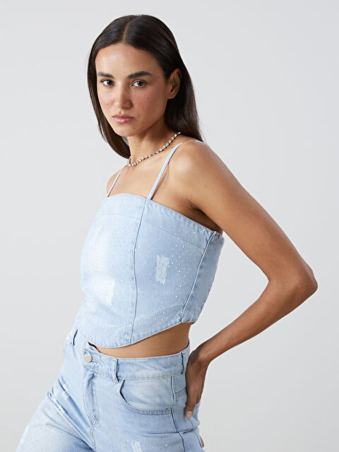 LCWAIKIKI Classic Square Collar Strappy Women's Denim Crop Top - W4LH58Z8-JW5
