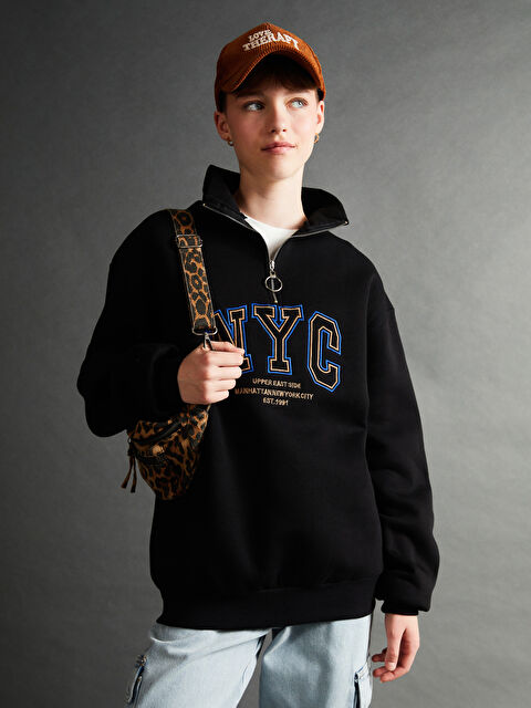 XSIDE Dik Yaka Baskılı Oversize Kadın Kalın Sweatshirt - W4LI22Z8-CVL