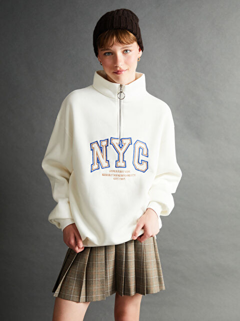 XSIDE Dik Yaka Baskılı Oversize Kadın Kalın Sweatshirt - W4LI22Z8-R9J