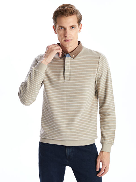 LCWAIKIKI Classic Polo Yaka Uzun Kollu Çizgili Erkek Sweatshirt - W4LI27Z8-SJJ
