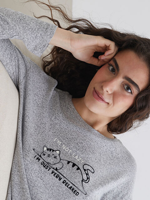 LCW DREAM Bisiklet Yaka Baskılı Kadın Pijama Üstü - W4LL38Z8-D5C