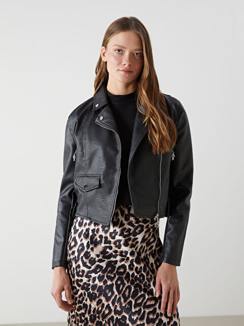 LCW Vision Biker Neck Women's Faux Leather Jacket - W4LP83Z8-CVL