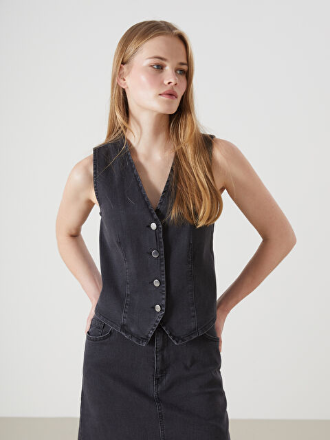 Natuvera V Yaka Kadın Jean Yelek - W4LT82Z8-J0F