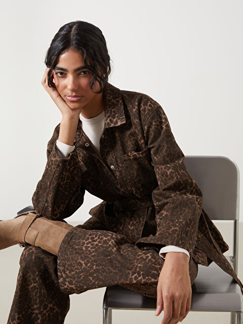 LCW Modest Gömlek Yaka Leopar Desenli Kadın Jean Ceket - W4LV03Z8-LQZ