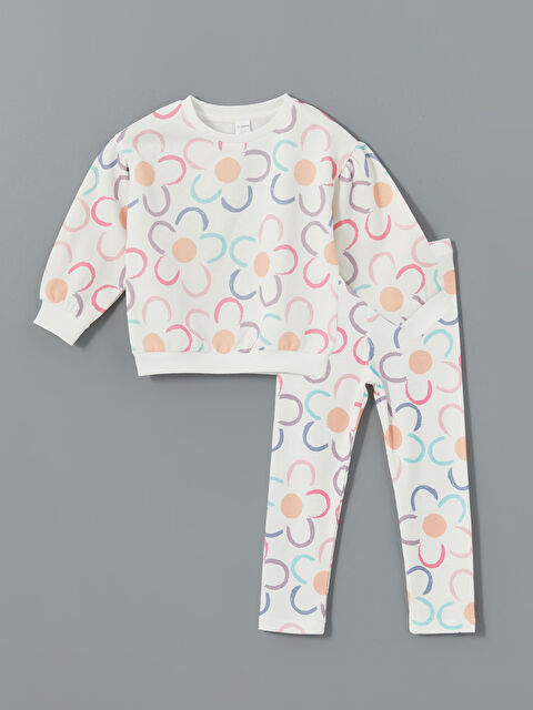 LCW Kids Bisiklet Yaka Çiçekli Kız Çocuk Sweatshirt ve Tayt 2'li - W4LY47Z1-LRA