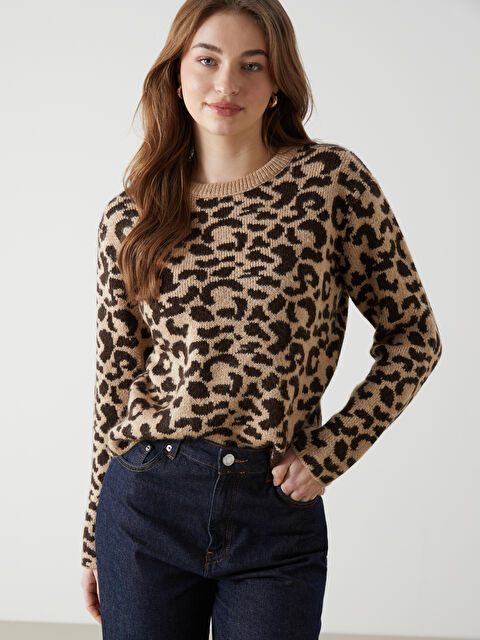 LCW Vision Bisiklet Yaka Leopar Desenli Kadın Triko Kazak - W4LY93Z8-CTC