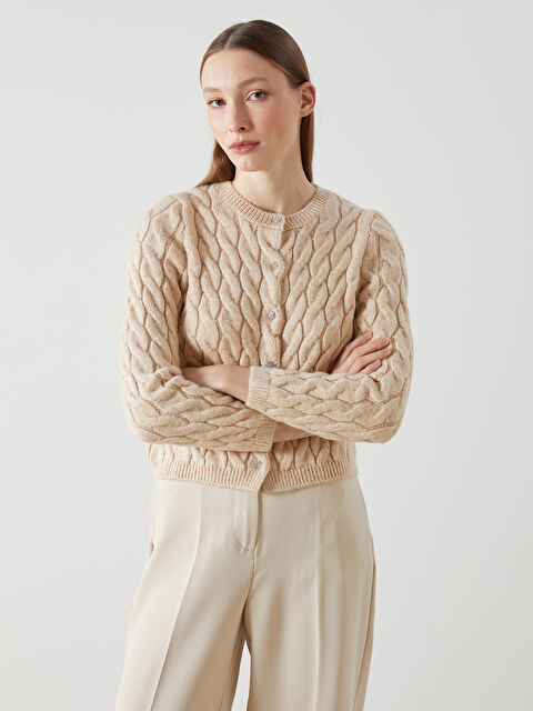 LCW Vision Bisiklet Yaka Kendinden Desenli Kadın Triko Hırka - W4M005Z8-CR8