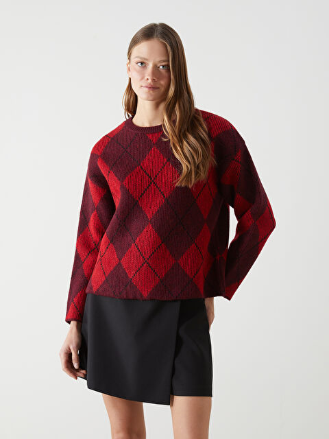 LCW Vision Bisiklet Yaka Baklava Desenli Oversize Kadın Triko Kazak - W4M065Z8-A6J